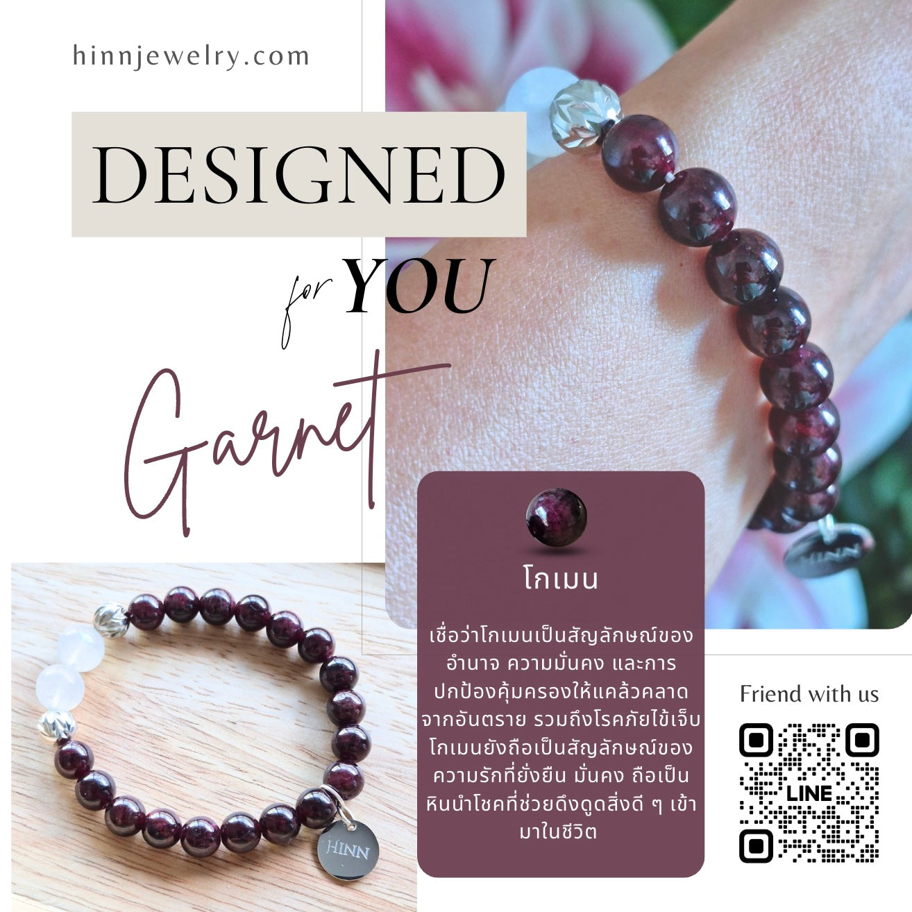 Garnet and Moonstone Bracelet with Decorative Silver Charm, Semiprecious Stone Jewelry