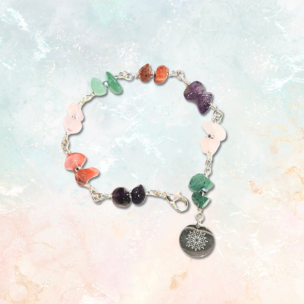 Multi Gemstone Bracelet with Decorative Silver Charm, Semiprecious Stone Jewelry