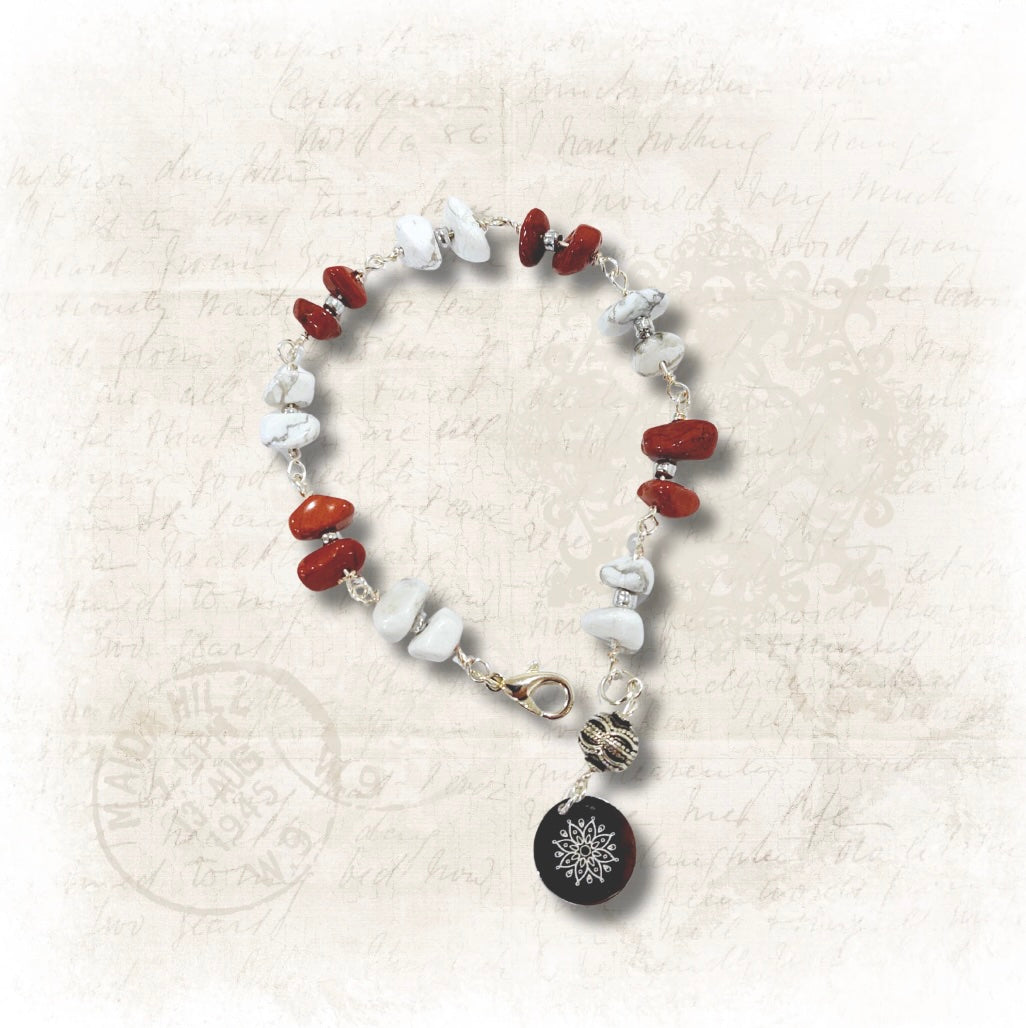 Red Jasper and Howlite Stone Bracelet with Decorative Silver Charm, Semiprecious Stone Jewelry