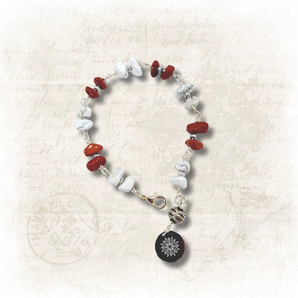 Red Jasper and Howlite Stone Bracelet with Decorative Silver Charm, Semiprecious Stone Jewelry