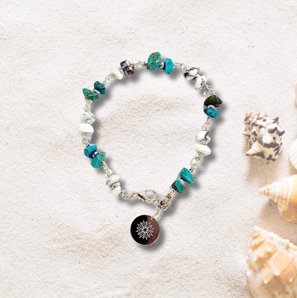 Turquoise and Howlite Stone Bracelet with Decorative Silver Charm, Semiprecious Stone Jewelry