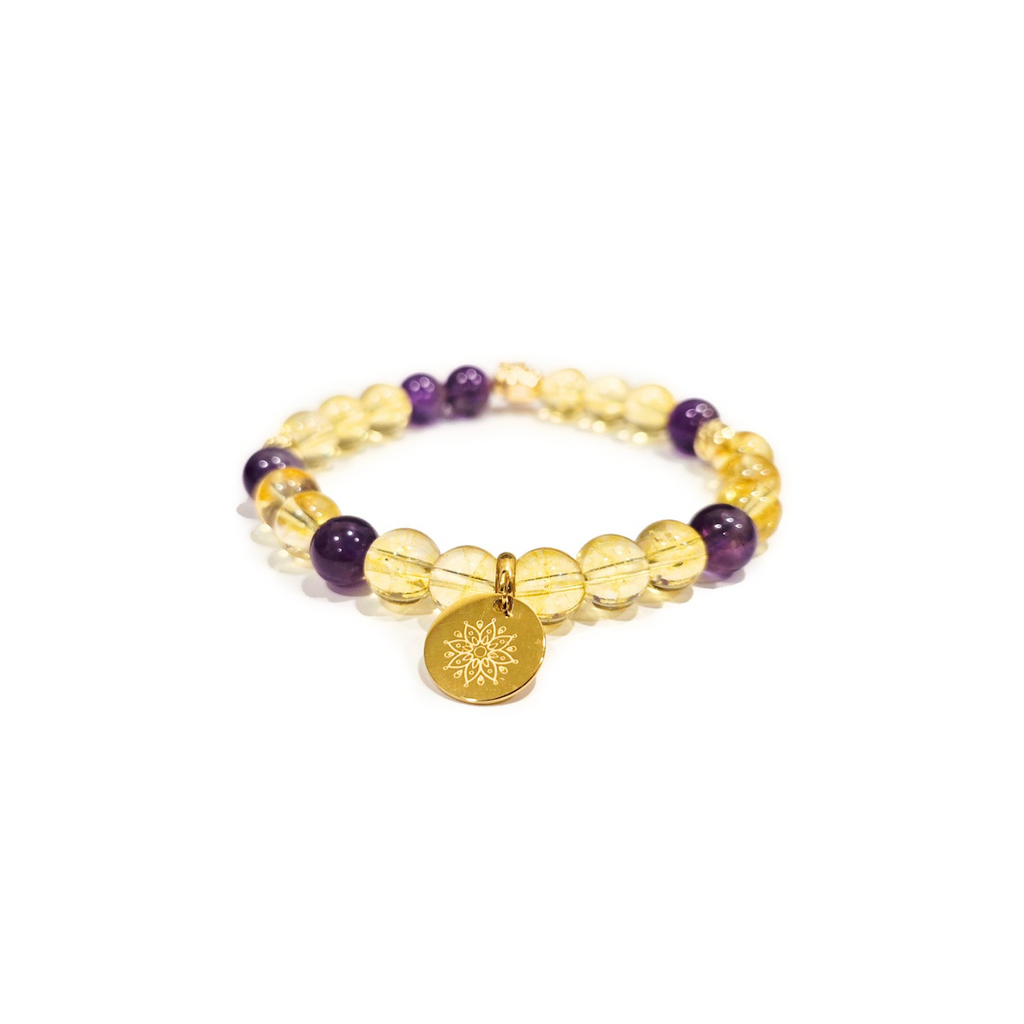 Citrine and Amethyst Bracelet with Decorative 18K Gold Charms, Semiprecious Stone Jewelry