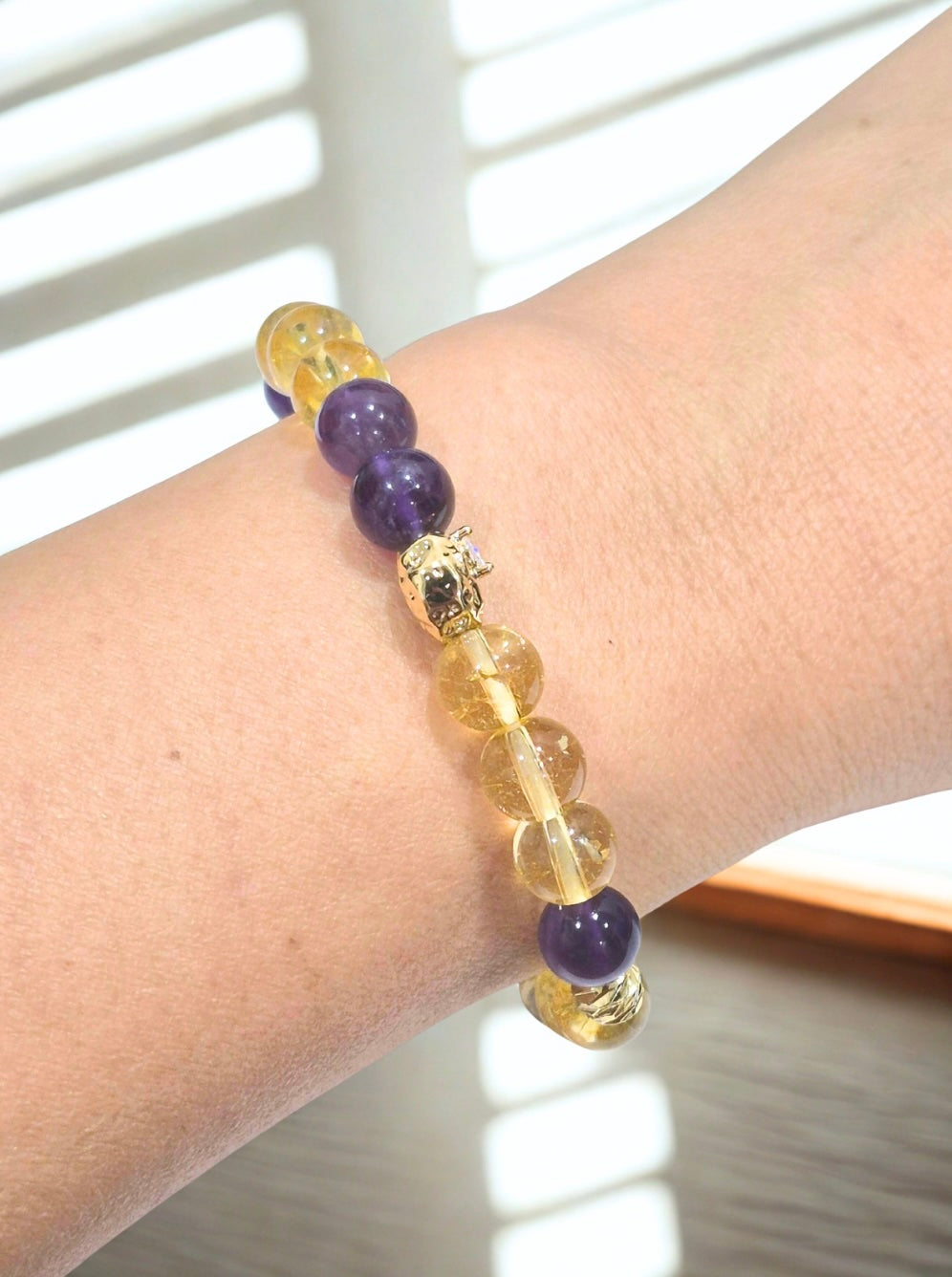 Citrine and Amethyst Bracelet with Decorative 18K Gold Charms, Semiprecious Stone Jewelry