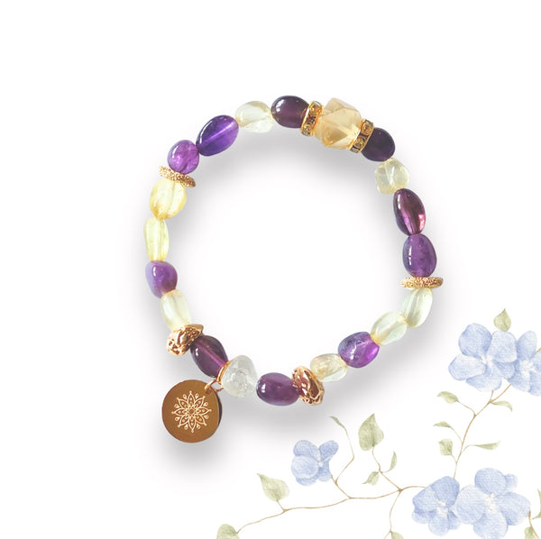 Amethyst and Citrine Bracelet with Decorative 18K Gold Rhodium Plated Charm, Semiprecious Stone Jewelry
