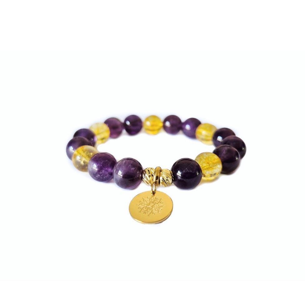 Amethyst and Citrine Bracelet with Decorative 18K Gold Charms, Semiprecious Stone Jewelry