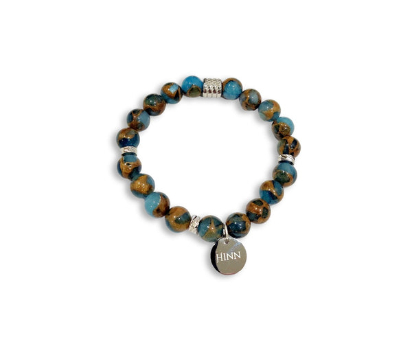 Variscite - Natural Lake Blue Cloisonne Jasper Bracelet with Stainless Steel Charm Semiprecious Stone Jewelry