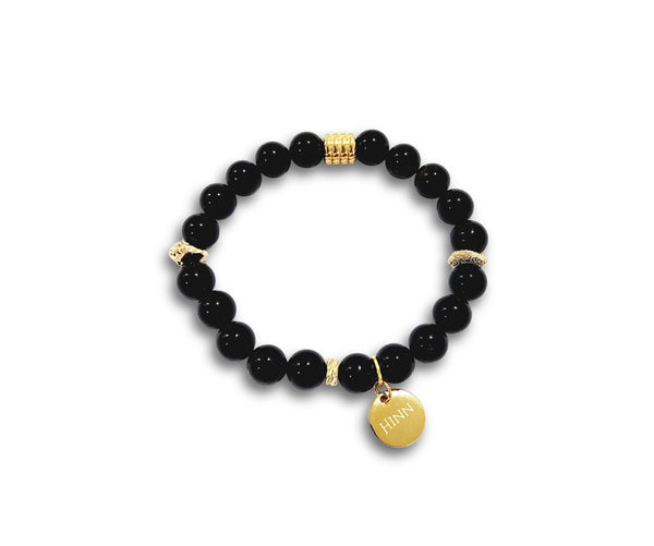 Obsidian Bracelet with Decorative 18K Gold Charm Semiprecious Stone Jewelry