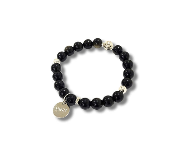 Obsidian Bracelet with 925 Silver Rhodium plated Charm Semiprecious Stone Jewelry