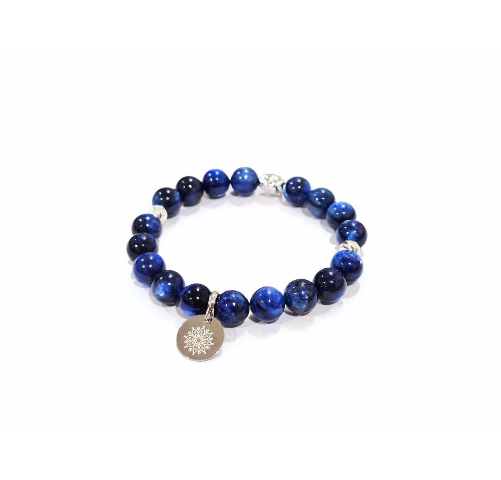 Blue Kyanite Bracelet with Decorative Silver Charms, Semiprecious Stone Jewelry