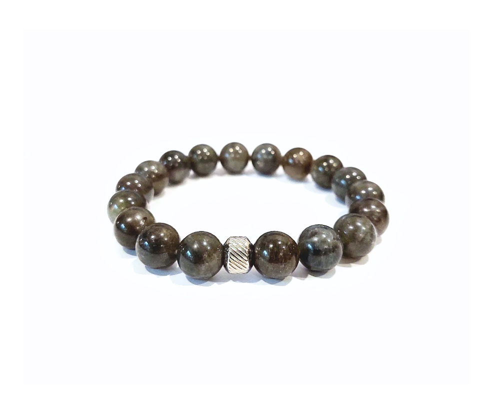 Dark Labradorite Bracelet with Decorative Stainless Steel Charm, Semiprecious Stone Jewelry