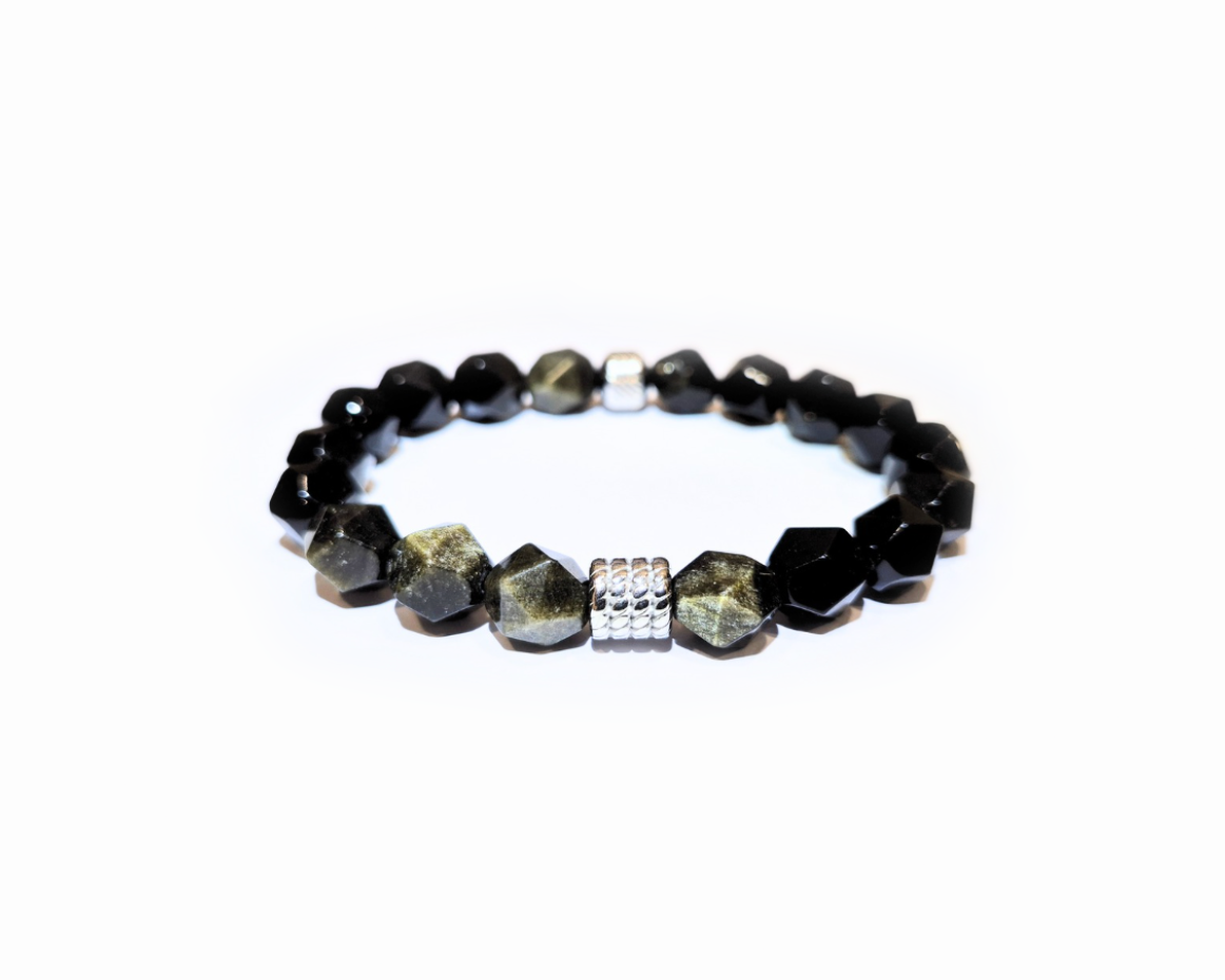 Golden Obsidian Bracelet with Decorative Silver Charms, Semiprecious Stone Jewelry