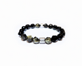 Golden Obsidian Bracelet with Decorative Silver Charms, Semiprecious Stone Jewelry