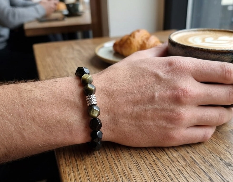 Golden Obsidian Bracelet with Decorative Silver Charms, Semiprecious Stone Jewelry