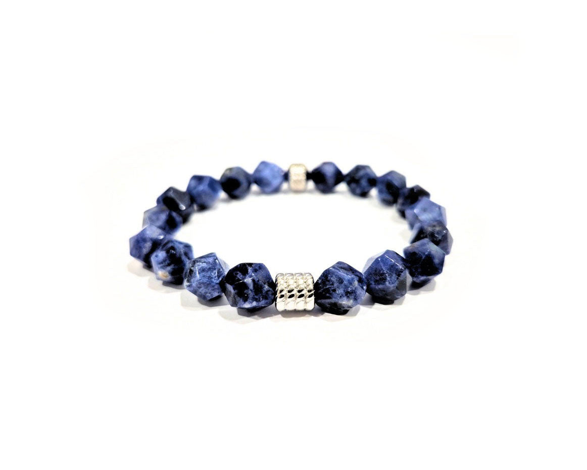 Sodalite Bracelet with Decorative Silver Charms, Semiprecious Stone Jewelry