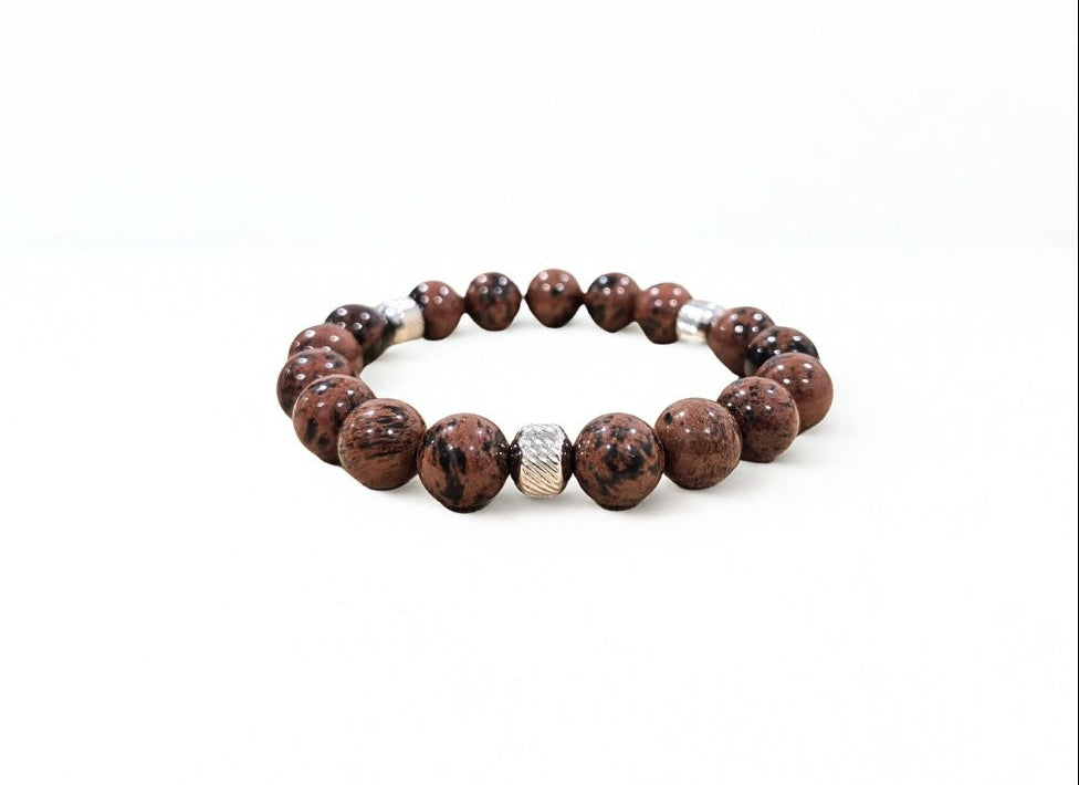 Mahogany Obsidian Bracelet with Decorative Stainless Steel Charms Silver Charm, Semiprecious Stone Jewelry