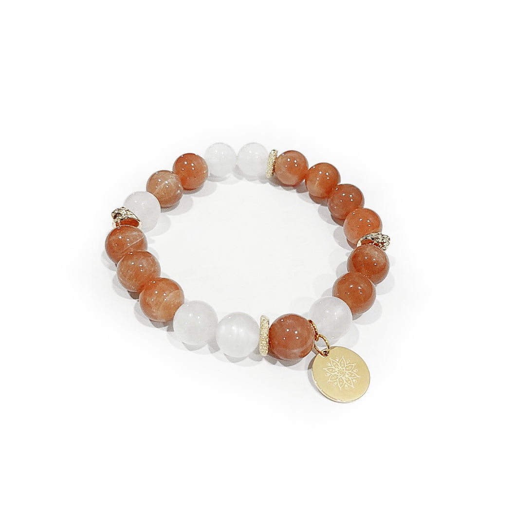 Moonstone Bracelet with Decorative 18k Gold Charms, Semiprecious Stone Jewelry
