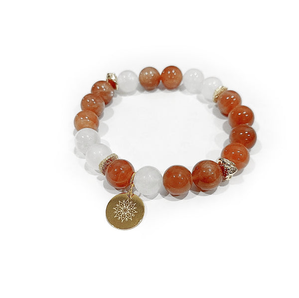 Moonstone Bracelet with Decorative 18k Gold Charm Jewelry Semiprecious Stone Bracelet