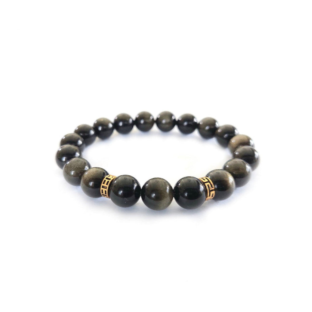 Golden Obsidian Bracelet with Decorative Gold Plated Charm Semiprecious Stone Jewelry