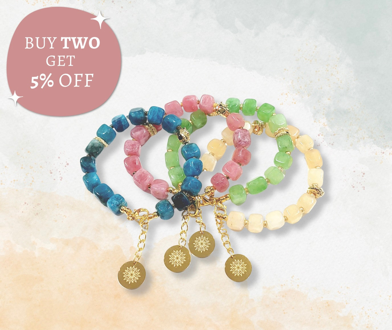 *** Buy two get 5% off*** Natural Crystal Stone Bracelet with Decorative Silver, 18K Gold Rhodium Plated Charm