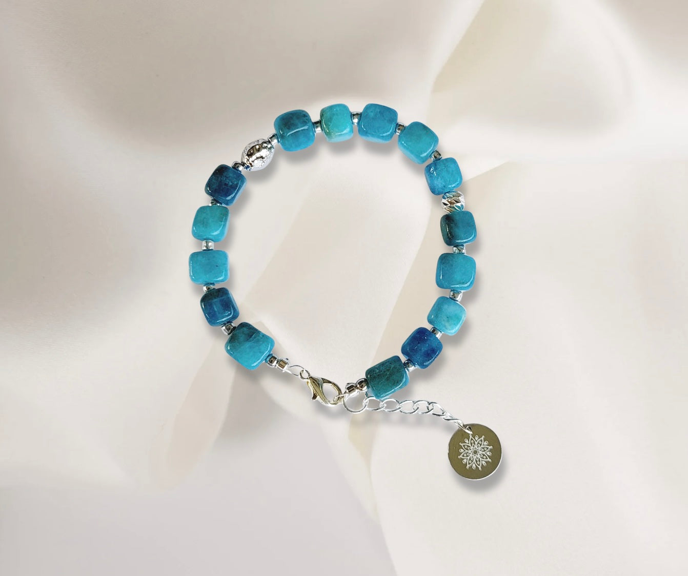 Apatite Natural Crystal Stone Bracelet with Decorative Silver Rhodium Plated Charm