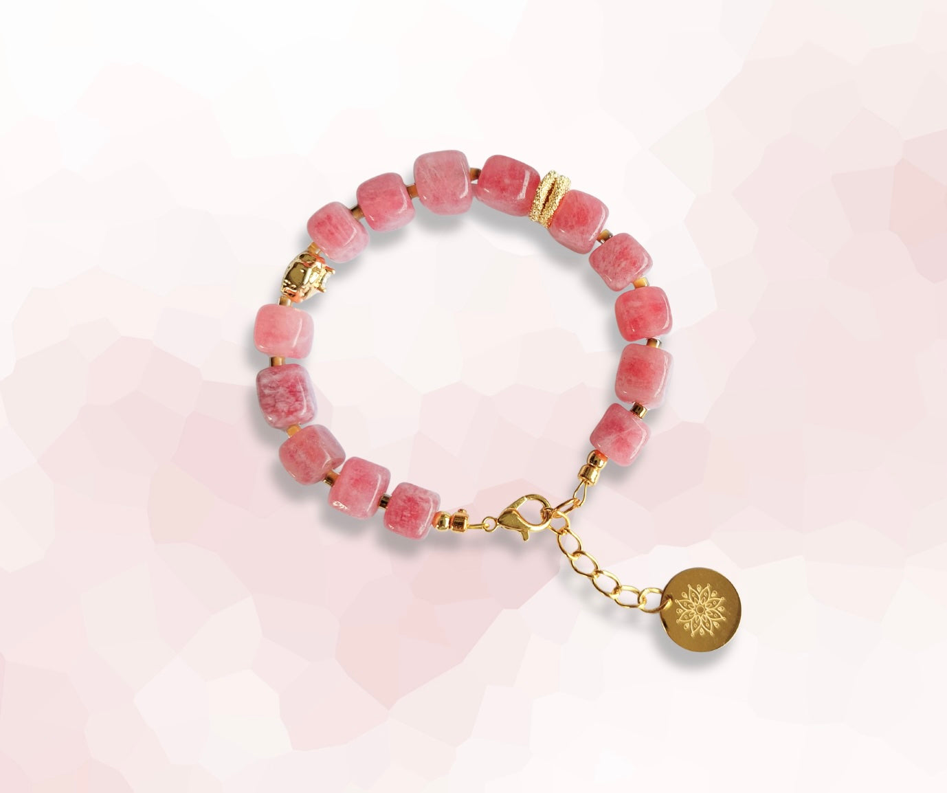 Pink Tourmaline Natural Crystal Stone Bracelet with Decorative 18K Gold Plated Charm