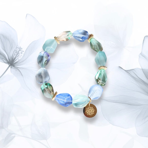 Crystal Glass Bracelet (Ocean Blue) with Decorative 18K Gold Rhodium Plated Charm