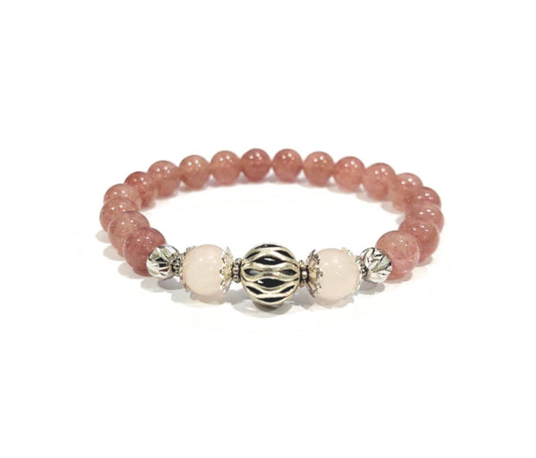 Strawberry Quartz Bracelet with Rose Quartz and Decorative Silver Charm, Semiprecious Stone Jewelry