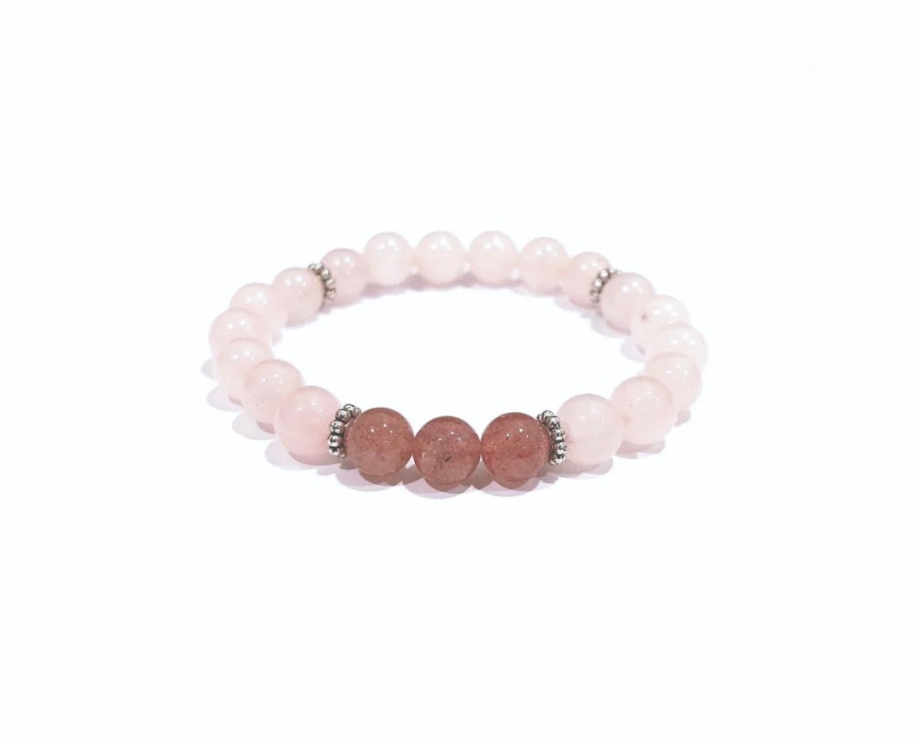 Rose Quartz and Strawberry Quartz Bracelet with Decorative Silver Charm, Semiprecious Stone Jewelry
