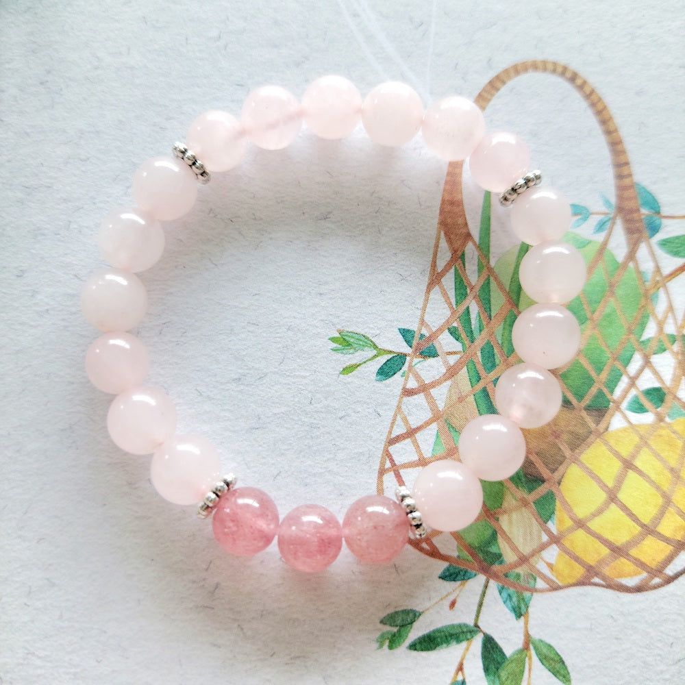 Rose Quartz and Strawberry Quartz Bracelet with Decorative Silver Charm, Semiprecious Stone Jewelry