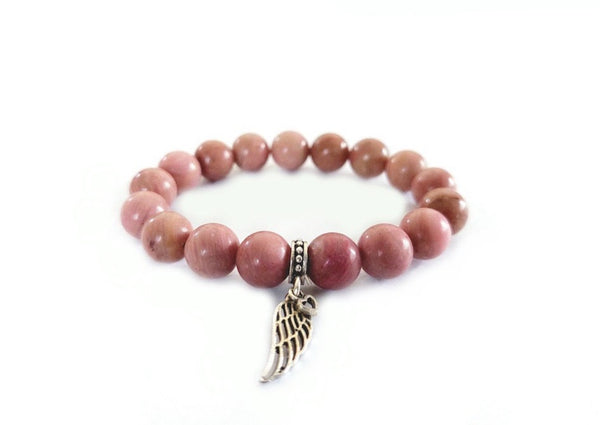 Rhodonite Bracelet with Decorative Silver Wing Charm Jewelry