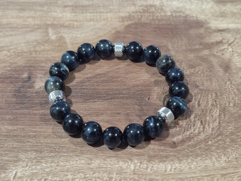 Deep Blue Tiger's eye Bracelet with Decorative Silver Charms, Semiprecious Stone Jewelry