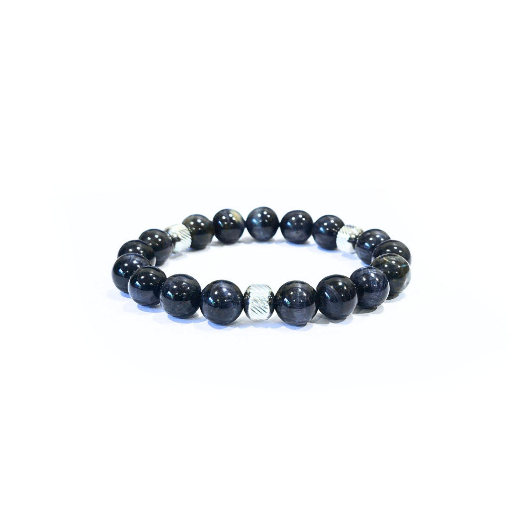 Deep Blue Tiger's eye Bracelet with Decorative Silver Charms, Semiprecious Stone Jewelry