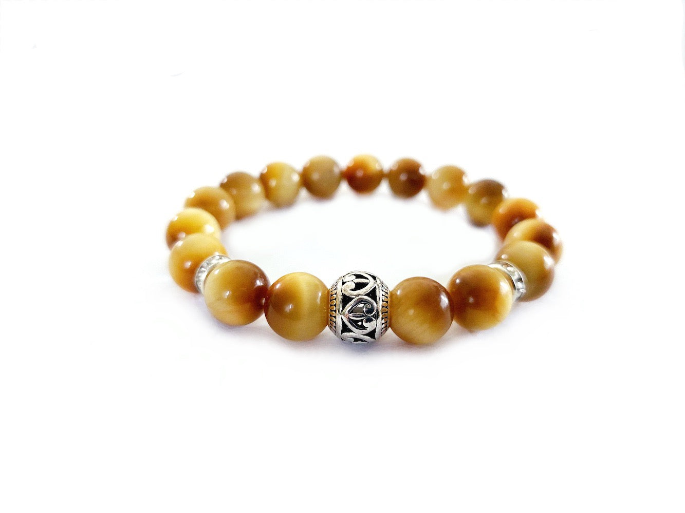 Golden Tiger Eye Bracelet with Decorative Silver Charm Bead Jewelry