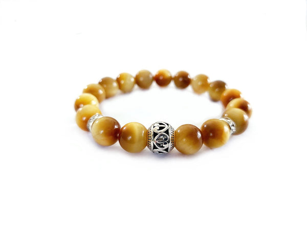 Golden Tiger Eye Bracelet with Decorative Silver Charm Bead Jewelry