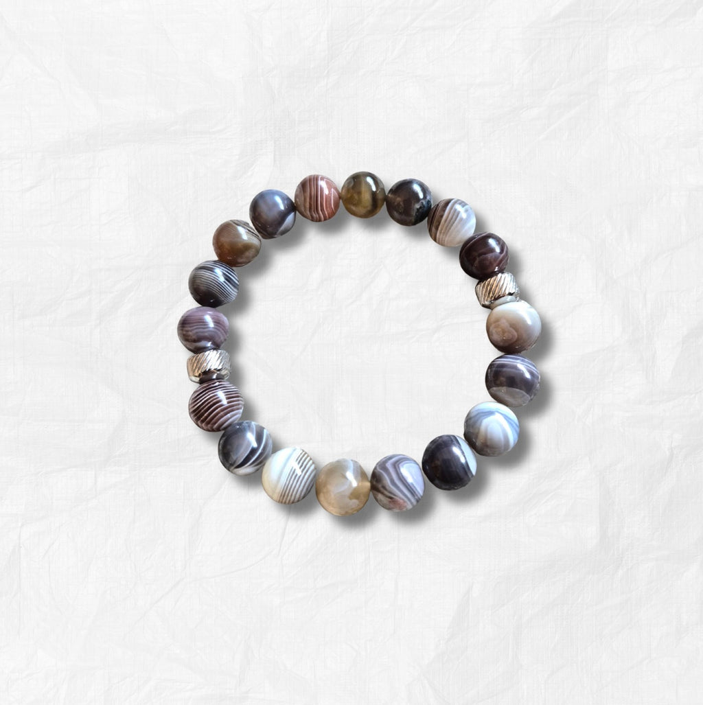 Botswana Agate Bracelet with Decorative Steel Silver Charm, Natural Stone Bracelet