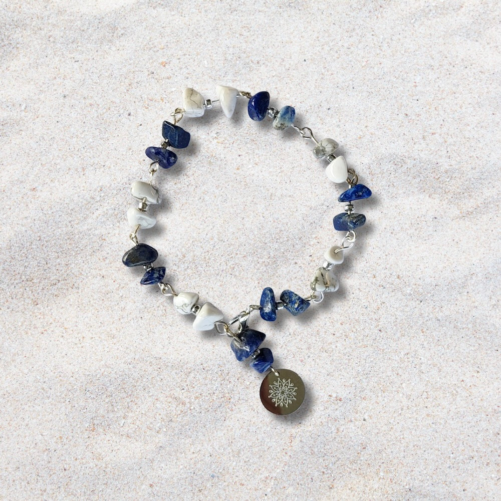 Sodalite and Howlite Stone Bracelet with Decorative Silver Charm, Semiprecious Stone Jewelry