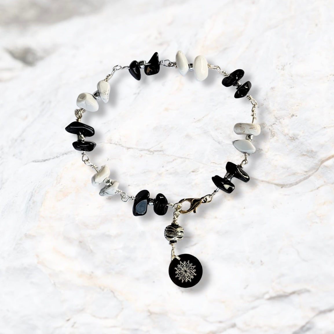 Onyx and Howlite Stone Bracelet with Decorative Silver Charm, Semiprecious Stone Jewelry