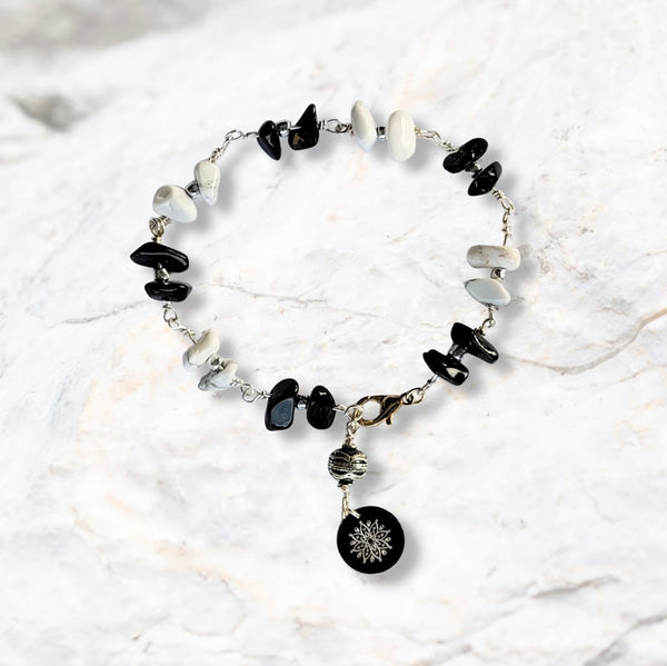Onyx and Howlite Stone Bracelet with Decorative Silver Charm, Semiprecious Stone Jewelry